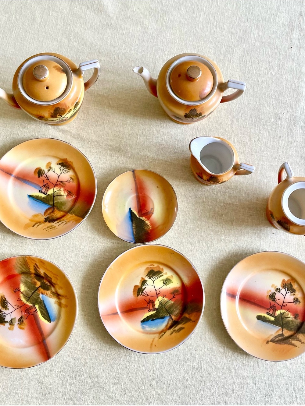 Vintage Japan Hand Painted Lusterware Tea Set Scenic Landscape 11 Piece
